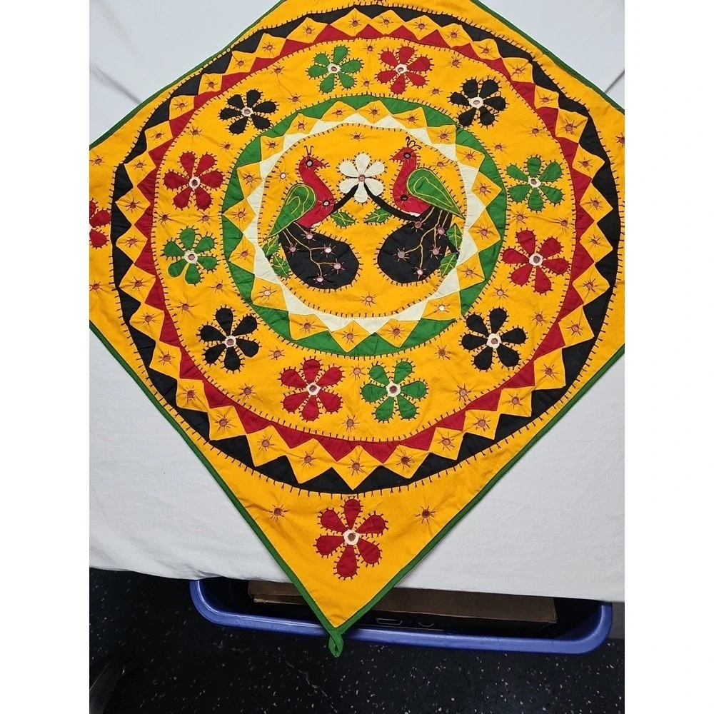 Indian‎ Applique Embroidered Peacock Flowers Wall Hanging 32